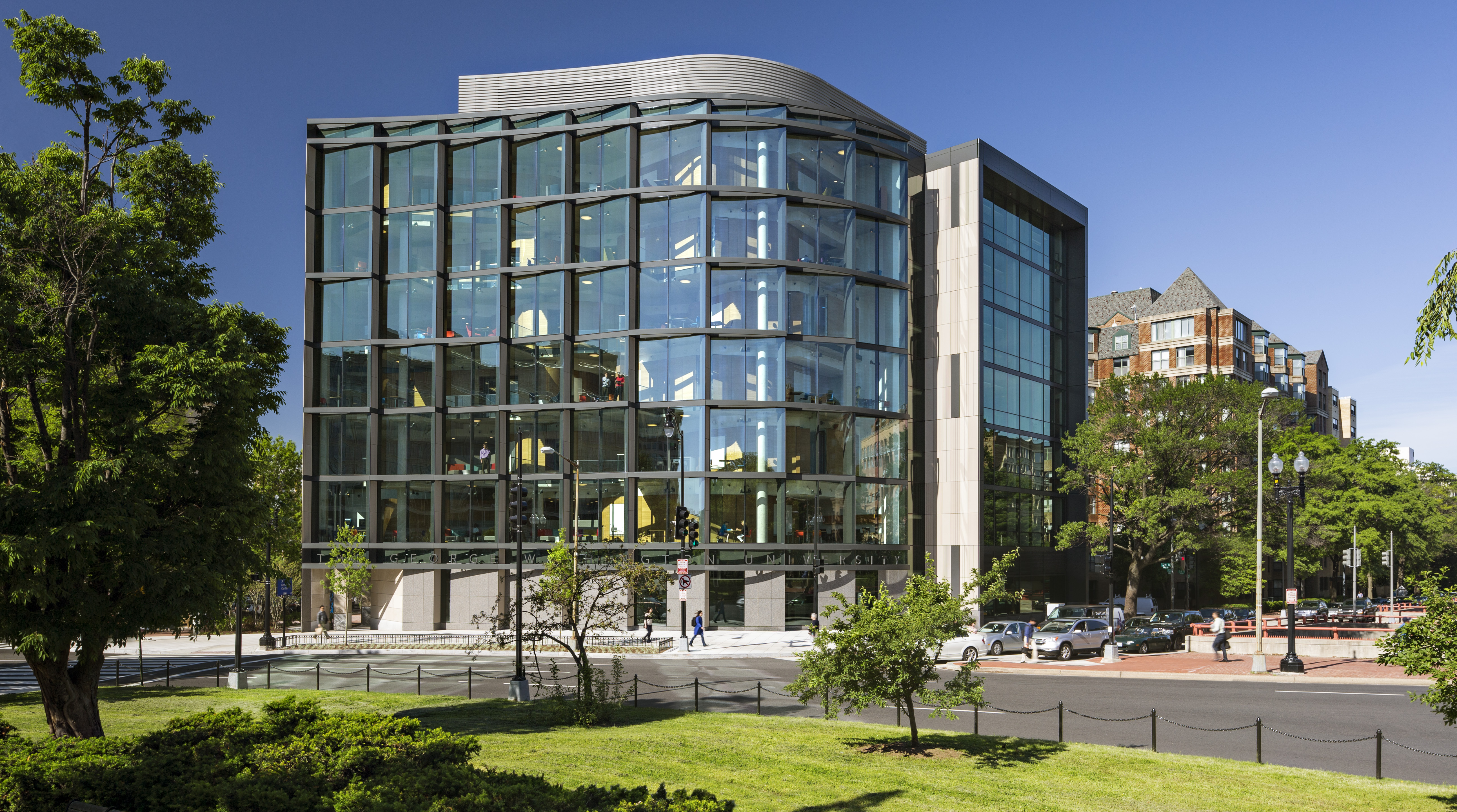 Image of Milken Institute of Public health building in the spring time